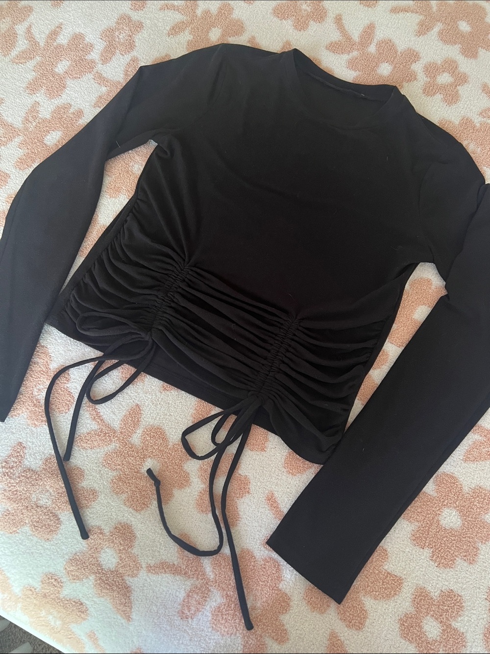 Black Long-Sleeve Ruched Drawstring Top